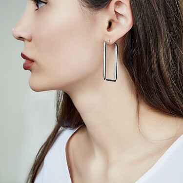 Серебряные серьги Кольца / Конго / Прямоугольники, высота 4,5 см