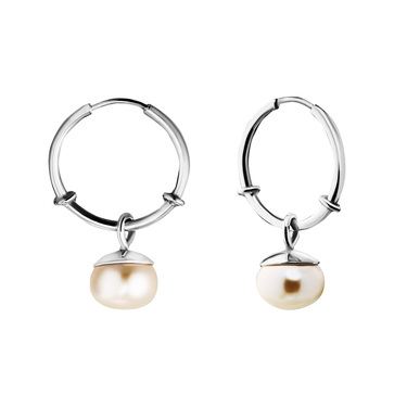 Серебряные классические гладкие серьги Кольца / Конго / Круглые с подвеской из культ. жемчуга, родий