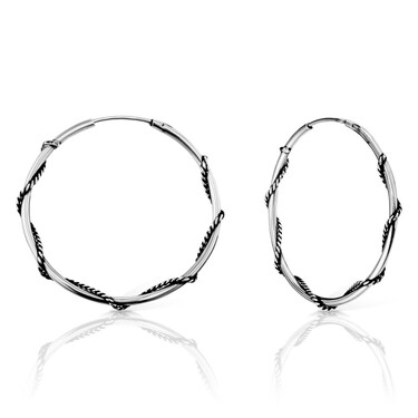 Серебряные классические гладкие серьги Кольца / Конго / Круглые с обмоткой канат, чернение, 3 см
