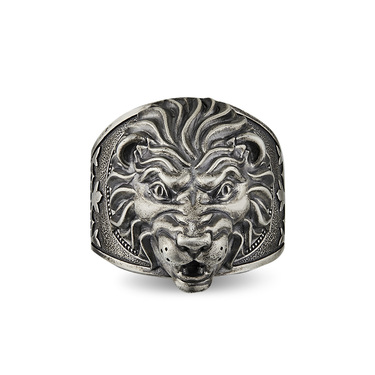 Серебряное мужское кольцо с головой льва, чернение