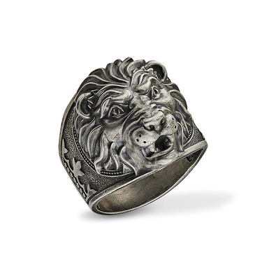Серебряное мужское кольцо с головой льва, чернение