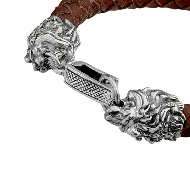 Мужской браслет из коричневой плетеной кожи с серебряным замком 