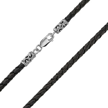 Ювелирный шнурок Гайтан черный, Натуральная плетеная кожа 4 мм с серебряным замком, Родирование