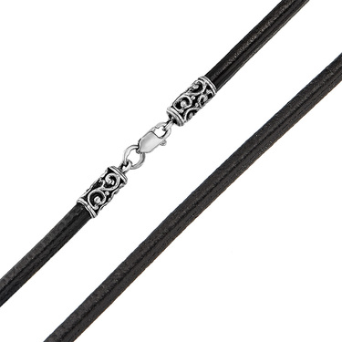 Ювелирный шнурок Гайтан черный, Натуральная кожа 4 мм с серебряным замком, Чернение
