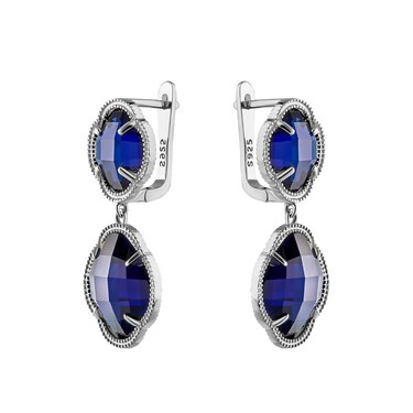 Серебряные серьги с синими циркониями в форме четырехлистников, в родии