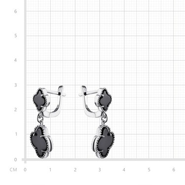 Серебряные серьги с подвесками в форме четырехлистников из черного оникса, в родии