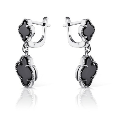 Серебряные серьги с подвесками в форме четырехлистников из черного оникса, в родии