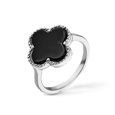 Серебряное женское кольцо с черным ониксом в форме четырехлистника, в родии