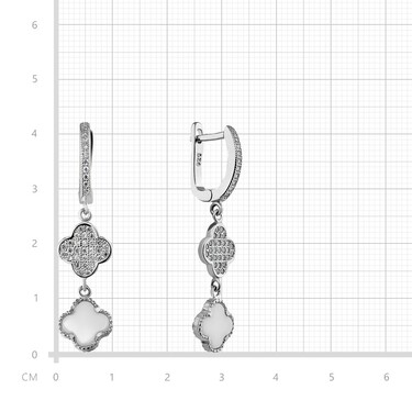 Серебряные серьги с подвесками в форме четырехлистников из белого оникса и циркониев, в родии