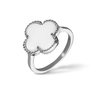 Серебряное женское кольцо с четырехлистником из белого оникса, в родии