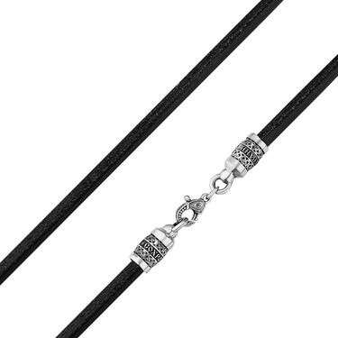 Ювелирный шнурок Гайтан черный, Натуральная кожа 4 мм с серебряным замком "Спаси и сохрани, Чернение