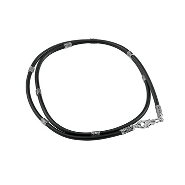 Ювелирный шнурок Гайтан черный, Каучук 3 мм с серебряными вставками и замком, Чернение