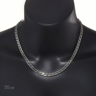 Серебряная мужская цепь, плетение Двойной ромб, родирование, ширина 6,6 мм