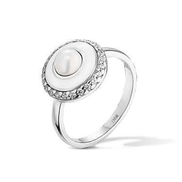 Серебряное женское кольцо с жемчугом (имитация), фианитами и белой эмалью
