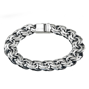 Серебряный широкий мужской браслет, плетение Плоский Бисмарк, ширина 1,4 см, чернение