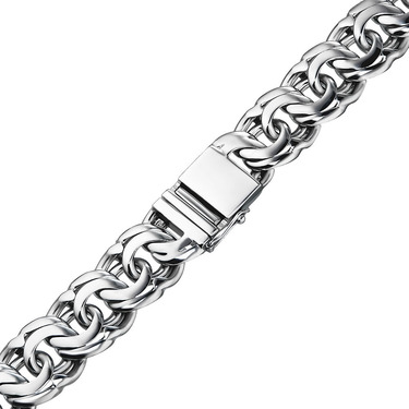 Серебряный широкий мужской браслет, плетение Плоский Бисмарк, ширина 1,4 см, в родии