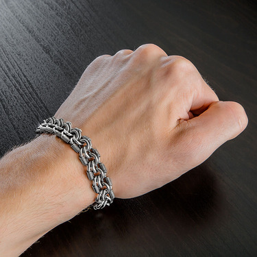 Серебряный мужской браслет, плетение Бисмарк с пружинками, чернение, ширина 1,2 см