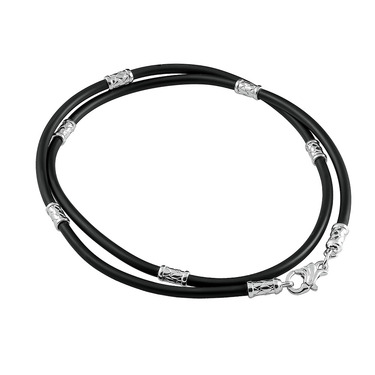 Ювелирный шнурок Гайтан черный, Каучук 3 мм с серебряными вставками и замком, Родирование