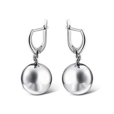 Серебряные серьги с подвесками-шариками, диаметр 1,5 см, в родии