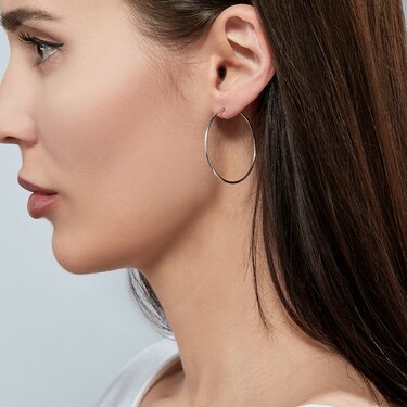 Серебряные классические гладкие серьги Кольца / Конго / Круглые, диаметр 3 см, родирование