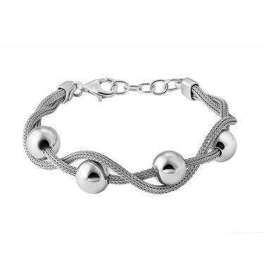 Серебряный женский браслет с переплетениями и шариками, покрытие родием