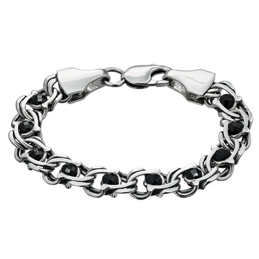 Серебряный мужской браслет, плетение арабский Бисмарк с черными фианитами, ширина 1,1 см