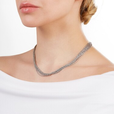 Серебряное женское колье 9-рядное, плетение Сингапур, покрытие родием