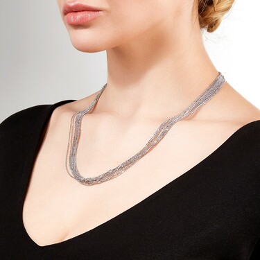 Серебряное женское колье Перлина 10-рядное, покрытие родием