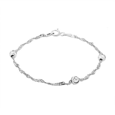 Серебряный женский браслет Сингапур с шариками, с алмазной гранью, в родии