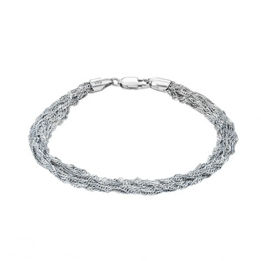 Серебряный женский 9-рядный браслет, плетение Сингапур, покрытие родием