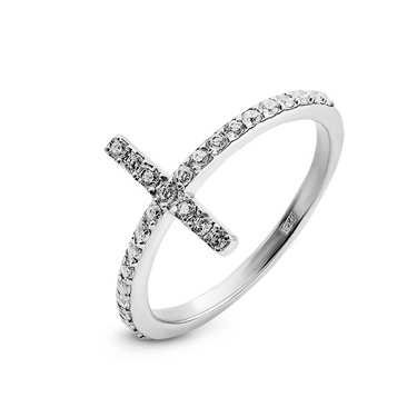 Серебряное женское кольцо Крестик / Дорожка из белых камней фианитов, в родии