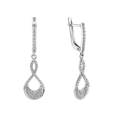 Серебряные серьги с каплевидными подвесками, с белыми фианитами, в родии