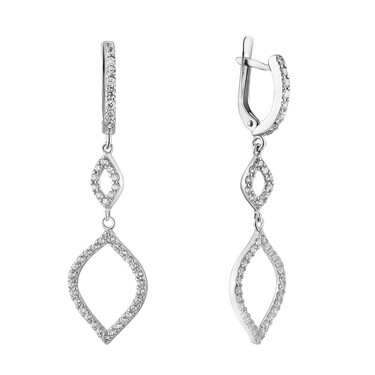 Длинные воздушные серебряные серьги с белыми фианитами, в родии