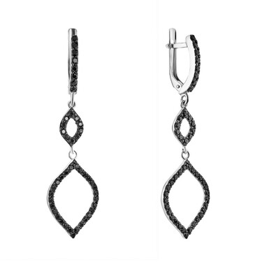 Длинные воздушные серебряные серьги с черными фианитами, в родии