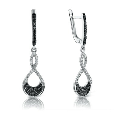 Серебряные серьги с каплевидными подвесками, с белыми и черными фианитами, родий