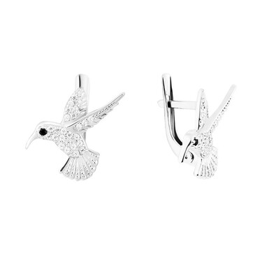 Серебряные серьги "Птица Колибри", с белыми и черными фианитами, в родии