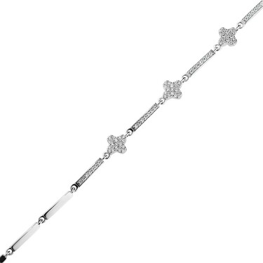 Утонченный серебряный женский браслет с четырехлистниками, фианиты, в родии