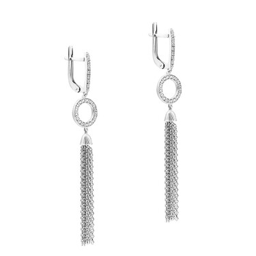 Серебряные серьги с подвесками-кисточками с белыми фианитами, в родии