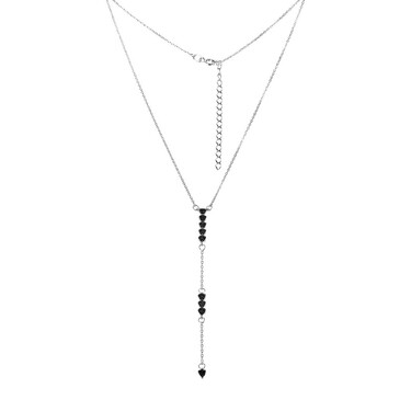 Серебряное женское утонченное колье с длинной подвеской с черными фианитами, в родии