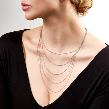 Серебряное женское пятирядное колье из цепочек, в родии