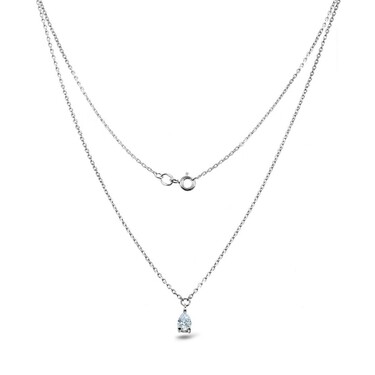 Серебряное женское колье-цепочка с каплевидной подвеской из белого фианита, в родии