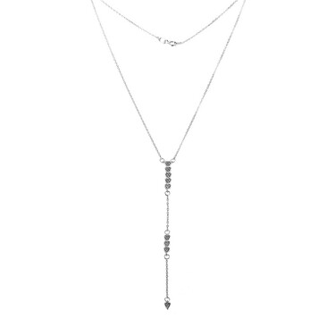 Серебряное женское утонченное колье с длинной подвеской с белыми фианитами, в родии