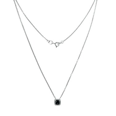 Серебряное женское колье-цепочка с квадратной подвеской из черных фианитов, в родии