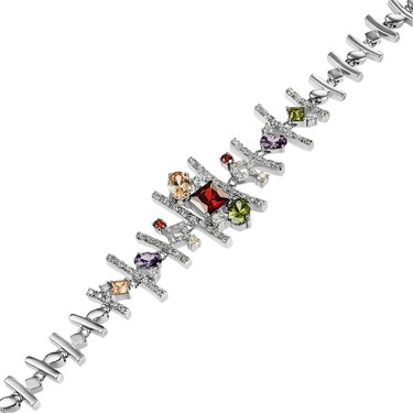 Яркий серебряный женский браслет с разноцветными цирконами, в родии