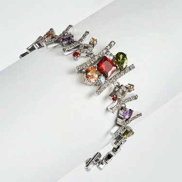 Яркий серебряный женский браслет с разноцветными цирконами, в родии