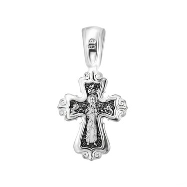 Серебряная подвеска двусторонний крест с распятием, чернение