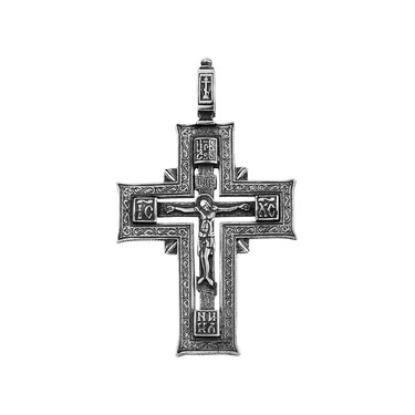 Серебряная подвеска двусторонний крест с распятием, чернение