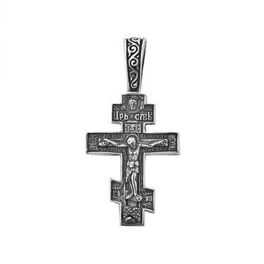 Серебряная подвеска двусторонний крест с распятием, чернение