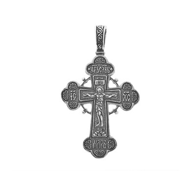 Серебряная подвеска двусторонний крест с распятием, чернение
