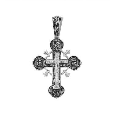 Серебряная подвеска двусторонний крест с распятием, чернение